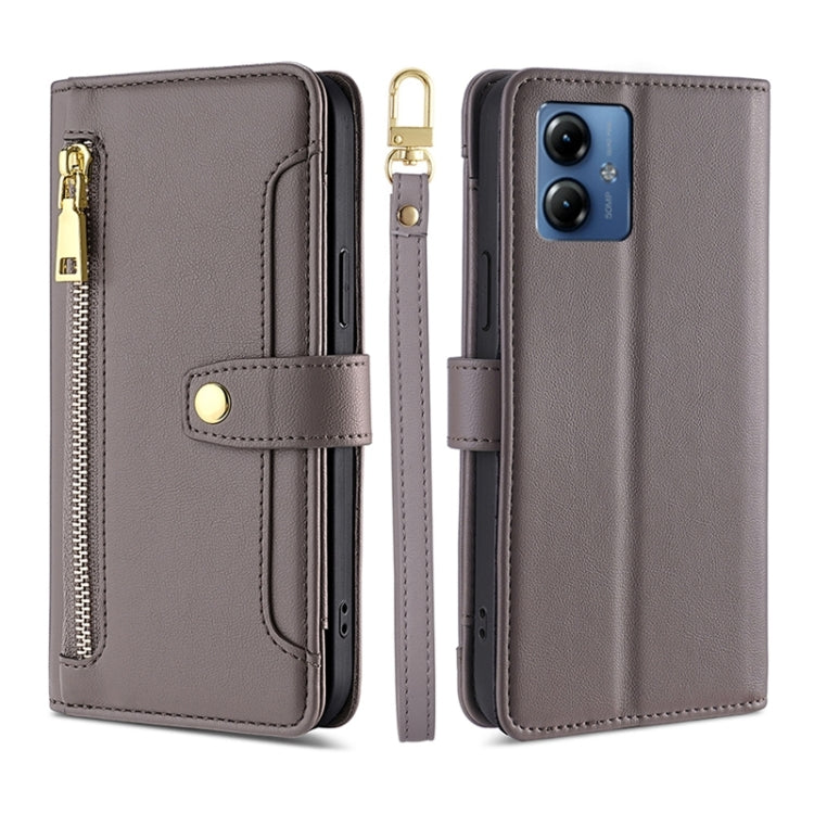 For Motorola Moto G14 4G Lite Sheep Texture Cross-body Zipper Wallet Leather Phone Case(Grey) - Motorola Cases by PMC TechLife | Online Shopping South Africa | PMC TechLife | Buy Now Pay Later Mobicred