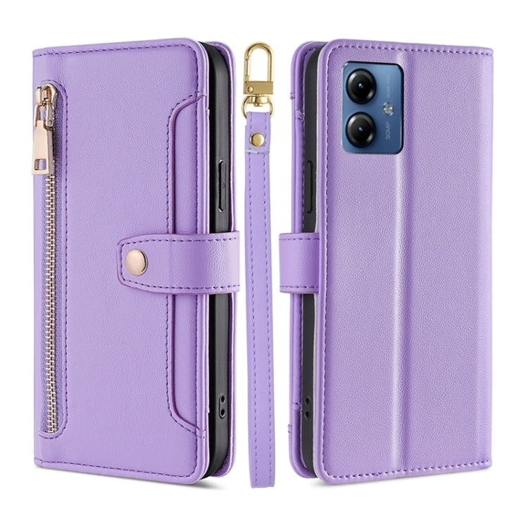 For Motorola Moto G14 4G Lite Sheep Texture Cross-body Zipper Wallet Leather Phone Case(Purple) - Motorola Cases by PMC TechLife | Online Shopping South Africa | PMC TechLife | Buy Now Pay Later Mobicred