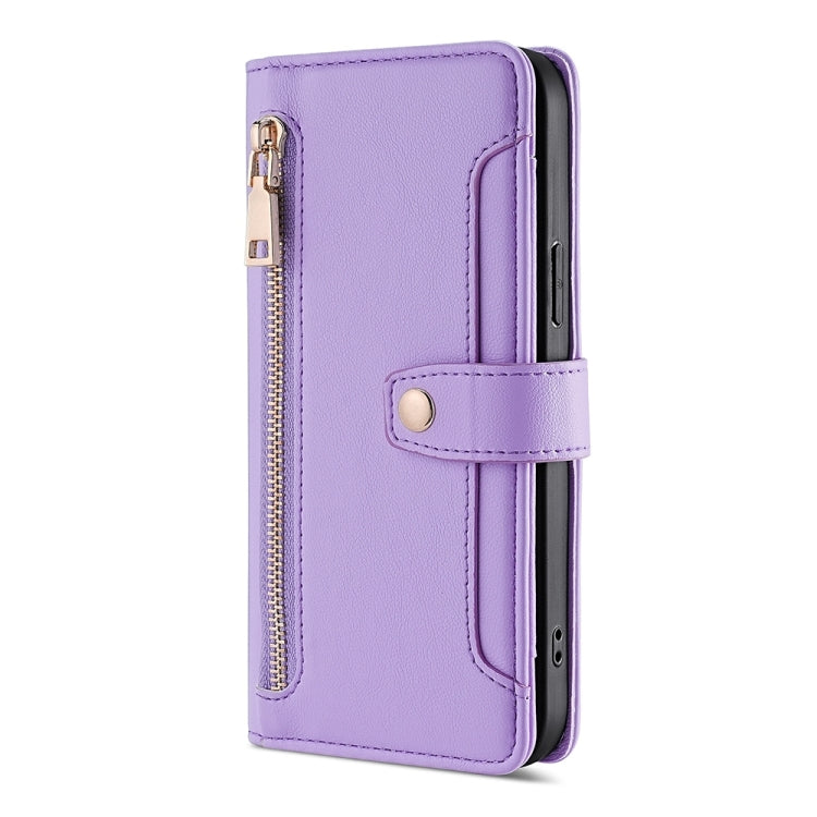 For Motorola Moto G14 4G Lite Sheep Texture Cross-body Zipper Wallet Leather Phone Case(Purple) - Motorola Cases by PMC TechLife | Online Shopping South Africa | PMC TechLife | Buy Now Pay Later Mobicred