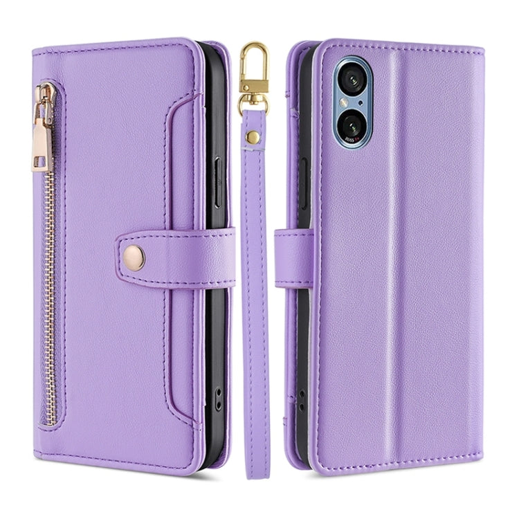 For Sony Xperia 5 V Lite Sheep Texture Cross-body Zipper Wallet Leather Phone Case(Purple) - Sony Cases by PMC TechLife | Online Shopping South Africa | PMC TechLife | Buy Now Pay Later Mobicred