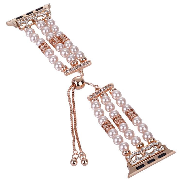 For Apple Watch Series 8 45mm Beaded Pearl Retractable Chain Watch Band(Pink) - Watch Bands by PMC TechLife | Online Shopping South Africa | PMC TechLife