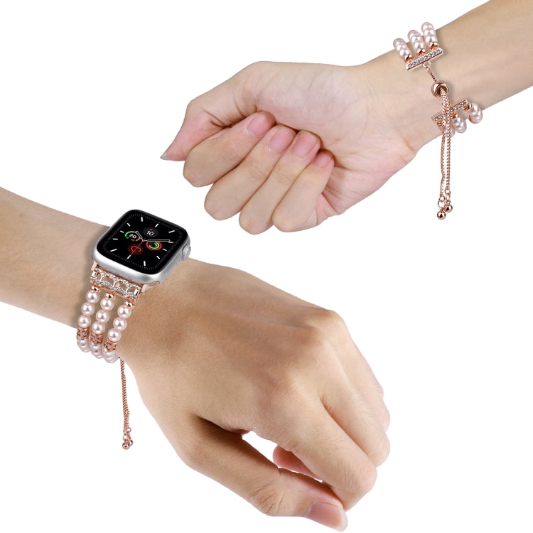 For Apple Watch Series 8 45mm Beaded Pearl Retractable Chain Watch Band(Pink) - Watch Bands by PMC TechLife | Online Shopping South Africa | PMC TechLife