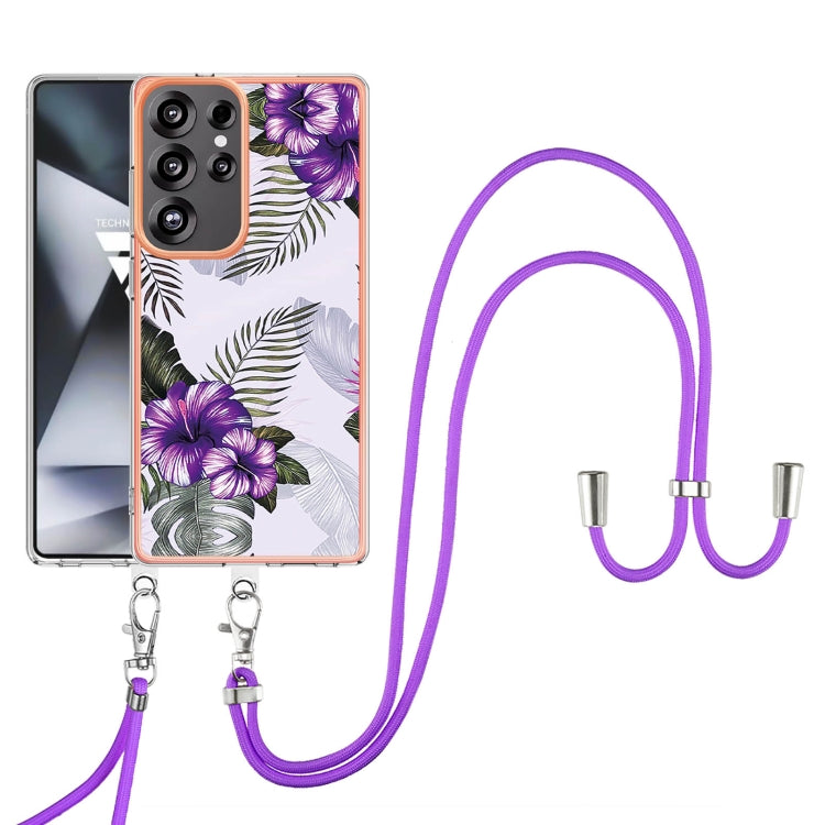 For Samsung Galaxy S25 Ultra 5G Electroplating Pattern IMD TPU Shockproof Case with Neck Lanyard(Purple Flower) - free shipping - PMC Jewellery - Order now!