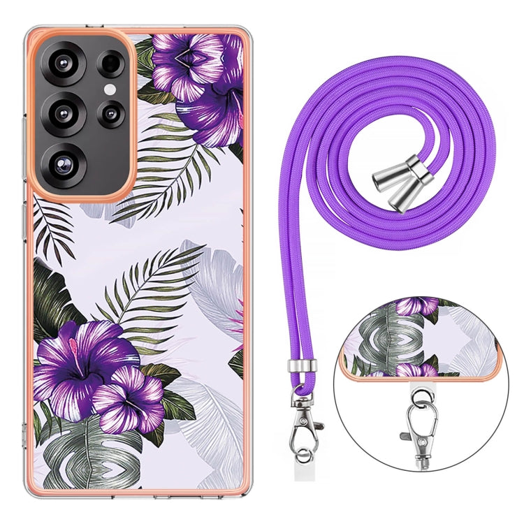 For Samsung Galaxy S25 Ultra 5G Electroplating Pattern IMD TPU Shockproof Case with Neck Lanyard(Purple Flower) - free shipping - PMC Jewellery - Order now!
