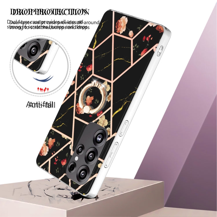 For Samsung Galaxy S25 Ultra 5G Electroplating Splicing Marble Flower Pattern TPU Shockproof Case with Rhinestone Ring Holder(Black Flower) - free shipping - PMC TechLife - Order now!