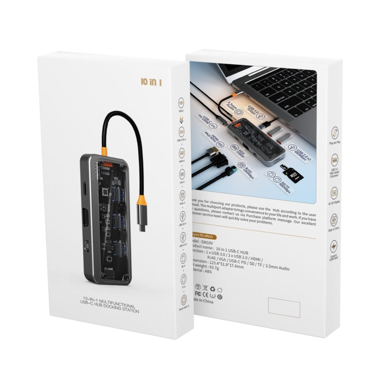SW10V 10 in 1 Type-C to USB + HDMI + VGA + RJ45 + SD/TF + Audio 3.5 HUB Docking Station(Grey) - free shipping - PMC Jewellery - Order now!