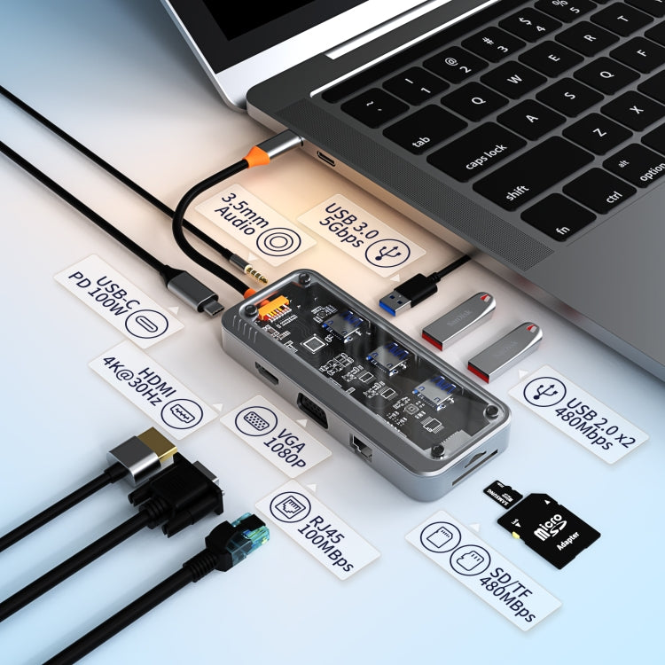 SW10V 10 in 1 Type-C to USB + HDMI + VGA + RJ45 + SD/TF + Audio 3.5 HUB Docking Station(Grey) - free shipping - PMC Jewellery - Order now!