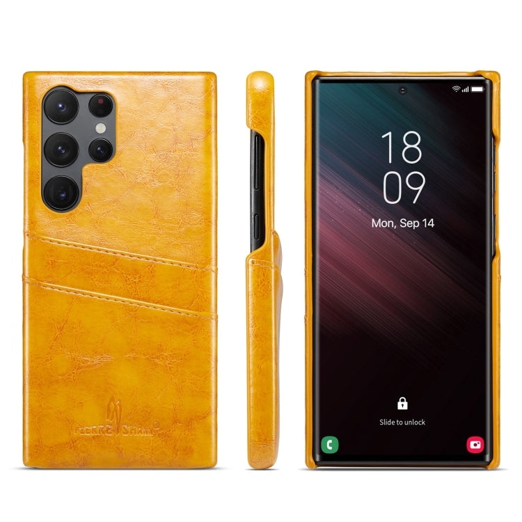 For Samsung Galaxy S24 Ultra 5G Fierre Shann Oil Wax Texture Leather Phone Case with Card Slots(Yellow) - free shipping - PMC Jewellery - Order now!