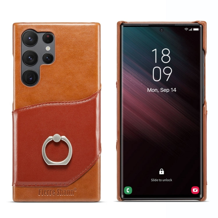For Samsung Galaxy S24 Ultra 5G Fierre Shann Oil Wax Texture Genuine Leather Back Phone Case(Brown) - free shipping - PMC Jewellery - Order now!