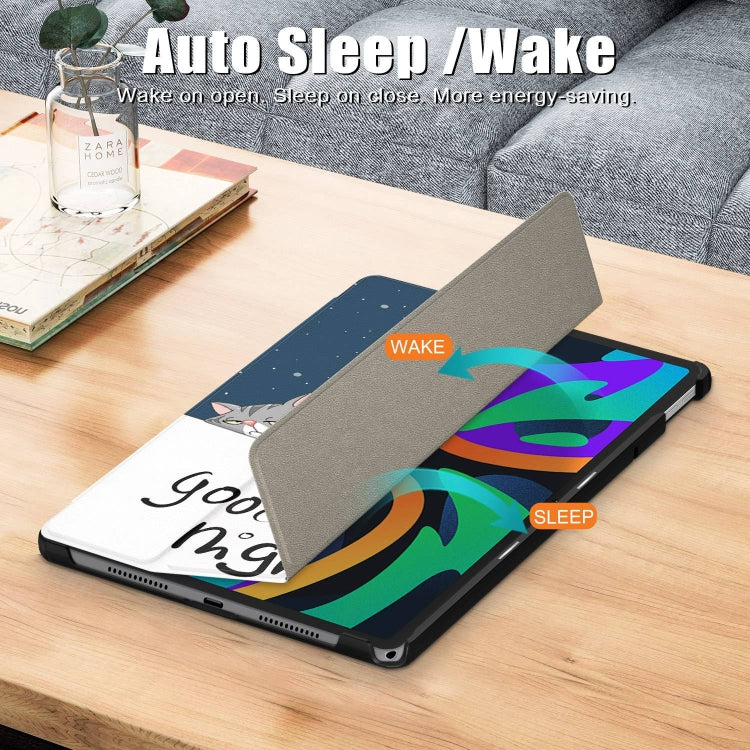 For Lenovo Tab M11/ Xiaoxin Pad 11 2024 Custer Painted 3-Fold Holder Leather Smart Tablet Case(Lazy Cat) - free shipping - PMC Jewellery - Order now!