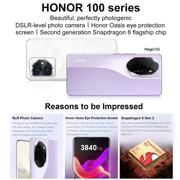 Honor 100 Pro, 16GB+512GB, Screen Fingerprint Identification, 6.78 inch MagicOS 7.2 Snapdragon 8 Gen 2 Octa Core up to 3.19GHz, Network: 5G, NFC, OTG, Support Google Play(White) - free shipping - PMc TechLife - Order now!