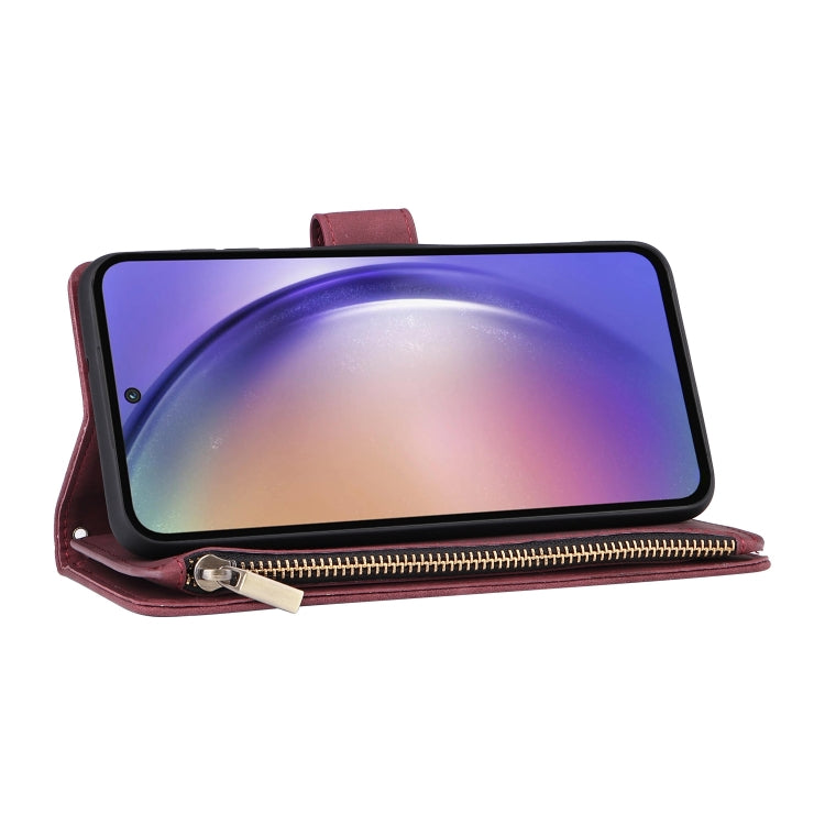 For Samsung Galaxy A55 5G Multifunctional Frosted Zipper Wallet Leather Phone Case(Wine Red) - Galaxy Phone Cases by PMC TechLife | Online Shopping South Africa | PMC TechLife