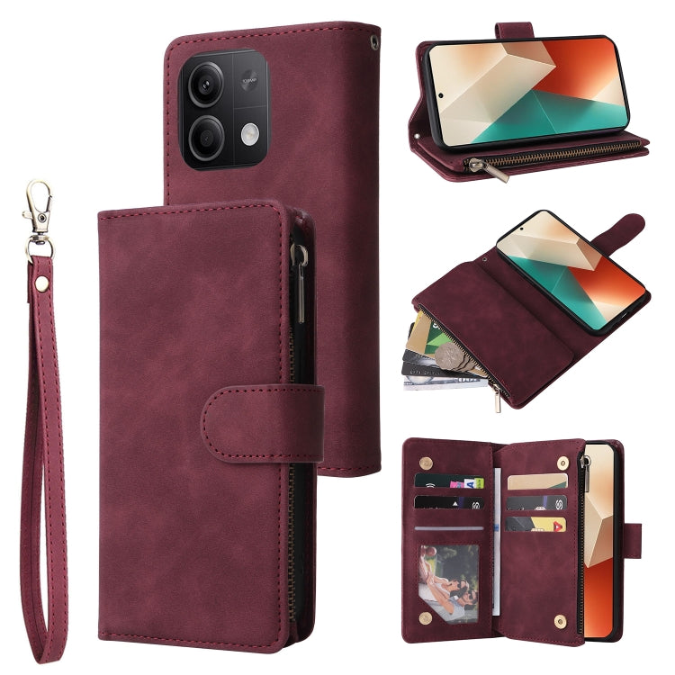 For Xiaomi Redmi Note 13 5G Multifunctional Frosted Zipper Wallet Leather Phone Case(Wine Red) - Note 13 Cases by PMC TechLife | Online Shopping South Africa | PMC TechLife | Buy Now Pay Later Mobicred