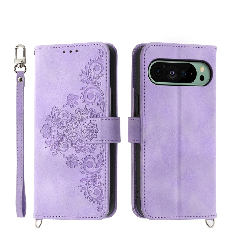 For Google Pixel 9 Skin-feel Flowers Embossed Wallet Leather Phone Case(Purple) - Google Cases by PMC TechLife | Online Shopping South Africa | PMC TechLife | Buy Now Pay Later Mobicred