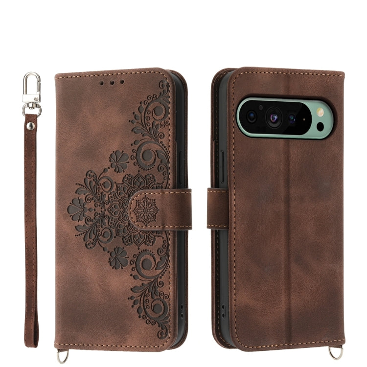 For Google Pixel 9 Skin-feel Flowers Embossed Wallet Leather Phone Case(Brown) - Google Cases by PMC TechLife | Online Shopping South Africa | PMC TechLife | Buy Now Pay Later Mobicred