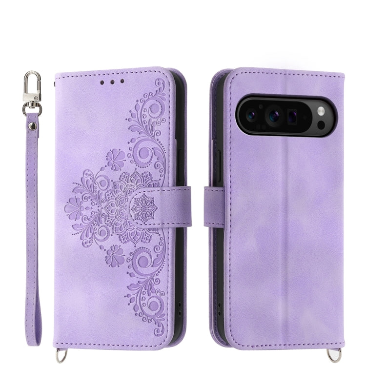 For Google Pixel 9 Pro Skin-feel Flowers Embossed Wallet Leather Phone Case(Purple) - Google Cases by PMC TechLife | Online Shopping South Africa | PMC TechLife | Buy Now Pay Later Mobicred