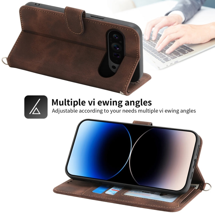 For Google Pixel 9 Pro Skin-feel Flowers Embossed Wallet Leather Phone Case(Brown) - Google Cases by PMC TechLife | Online Shopping South Africa | PMC TechLife | Buy Now Pay Later Mobicred