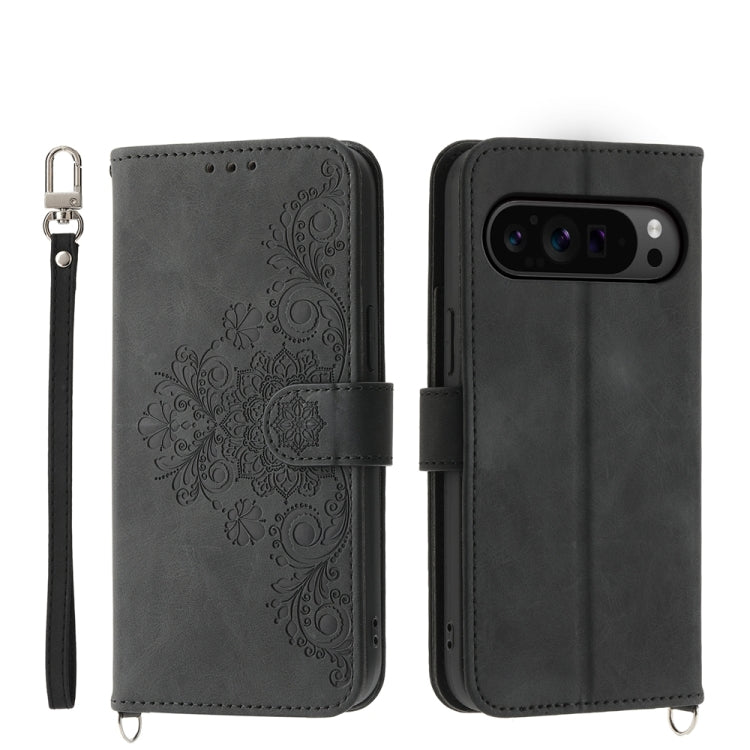 For Google Pixel 9 Pro Skin-feel Flowers Embossed Wallet Leather Phone Case(Black) - Google Cases by PMC TechLife | Online Shopping South Africa | PMC TechLife | Buy Now Pay Later Mobicred