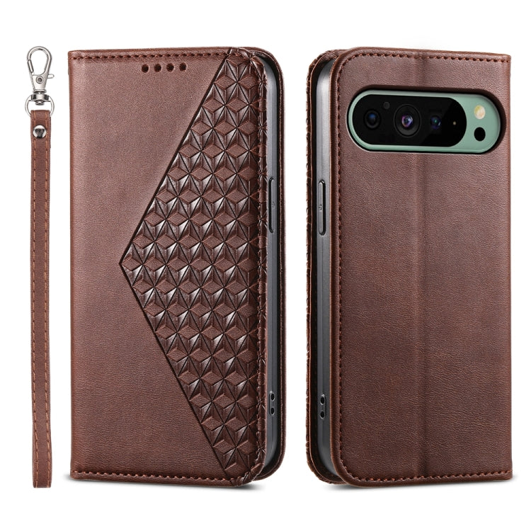For Google Pixel 9 Cubic Grid Calf Texture Magnetic Leather Phone Case(Brown) - Google Cases by PMC TechLife | Online Shopping South Africa | PMC TechLife | Buy Now Pay Later Mobicred