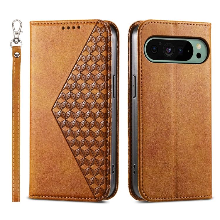 For Google Pixel 9 Cubic Grid Calf Texture Magnetic Leather Phone Case(Yellow) - Google Cases by PMC TechLife | Online Shopping South Africa | PMC TechLife | Buy Now Pay Later Mobicred