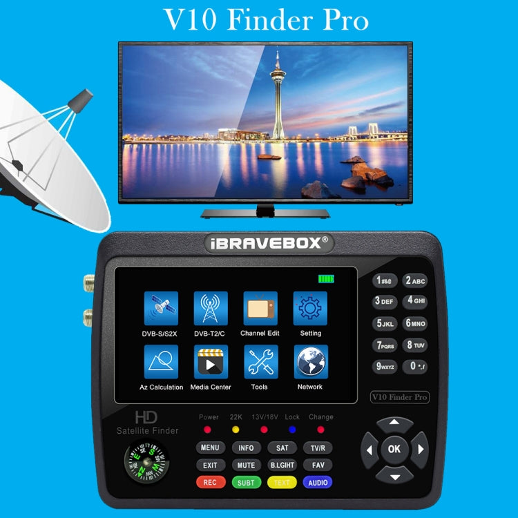 iBRAVEBOX V10 Finder Pro 4.3 inch Display Digital Satellite Meter Signal Finder, Support DVB-S/S2/S2X/T/T2/C, Plug Type:EU Plug(Black) - Satellite Finder by PMC TechLife | Online Shopping South Africa | PMC TechLife | Buy Now Pay Later Mobicred