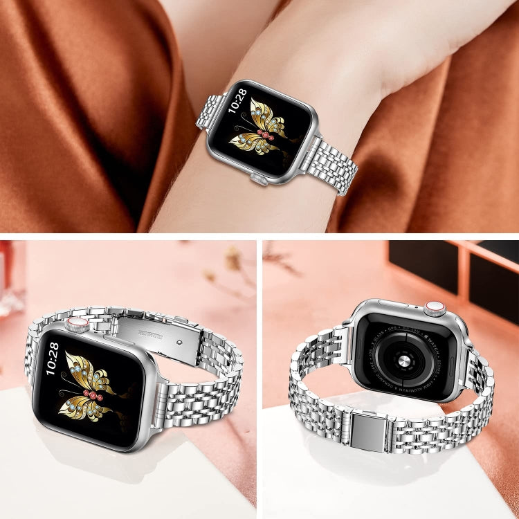 For Apple Watch 38mm Slim Seven Bead Slingshot Buckle Metal Watch Band(Silver) - Watch Bands by PMC TechLife | Online Shopping South Africa | PMC TechLife