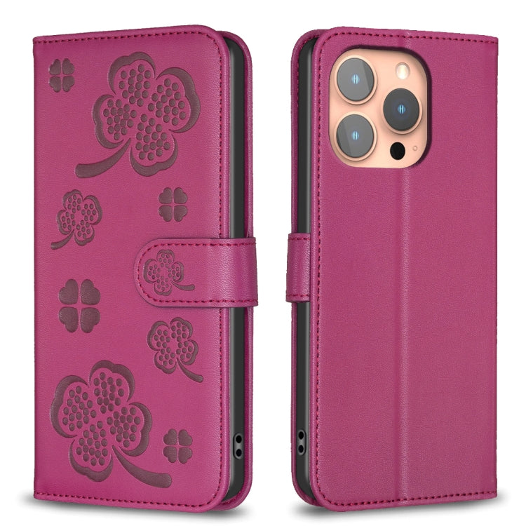 For iPhone 16 Pro Max Four-leaf Embossed Leather Phone Case(Rose Red) - iPhone 16 Pro Max Cases by PMC TechLife | Online Shopping South Africa | PMC TechLife | Buy Now Pay Later Mobicred