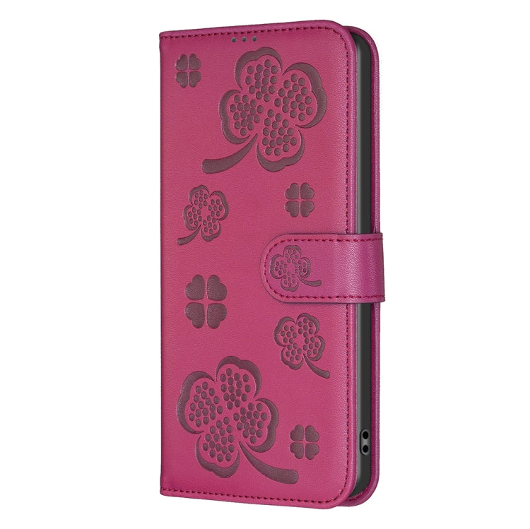 For iPhone 16 Pro Max Four-leaf Embossed Leather Phone Case(Rose Red) - iPhone 16 Pro Max Cases by PMC TechLife | Online Shopping South Africa | PMC TechLife | Buy Now Pay Later Mobicred