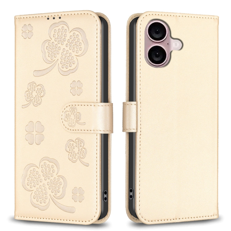 For iPhone 16 Plus Four-leaf Embossed Leather Phone Case(Gold) - iPhone 16 Plus Cases by PMC TechLife | Online Shopping South Africa | PMC TechLife | Buy Now Pay Later Mobicred