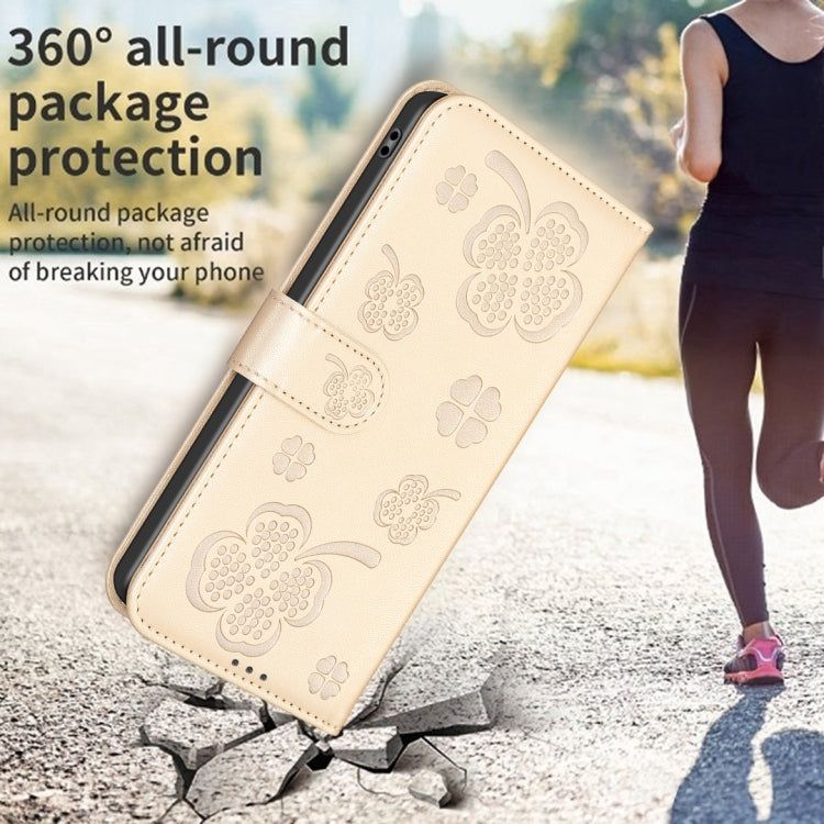 For iPhone 16 Plus Four-leaf Embossed Leather Phone Case(Gold) - iPhone 16 Plus Cases by PMC TechLife | Online Shopping South Africa | PMC TechLife | Buy Now Pay Later Mobicred
