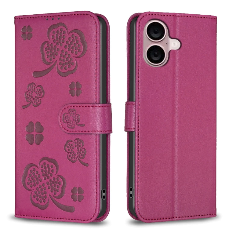 For iPhone 16 Four-leaf Embossed Leather Phone Case(Rose Red) - iPhone 16 Cases by PMC TechLife | Online Shopping South Africa | PMC TechLife | Buy Now Pay Later Mobicred