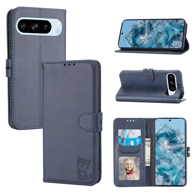 For Google Pixel 9 Pro Embossed Happy Cat Pattern Flip Leather Phone Case(Blue) - Google Cases by PMC TechLife | Online Shopping South Africa | PMC TechLife | Buy Now Pay Later Mobicred