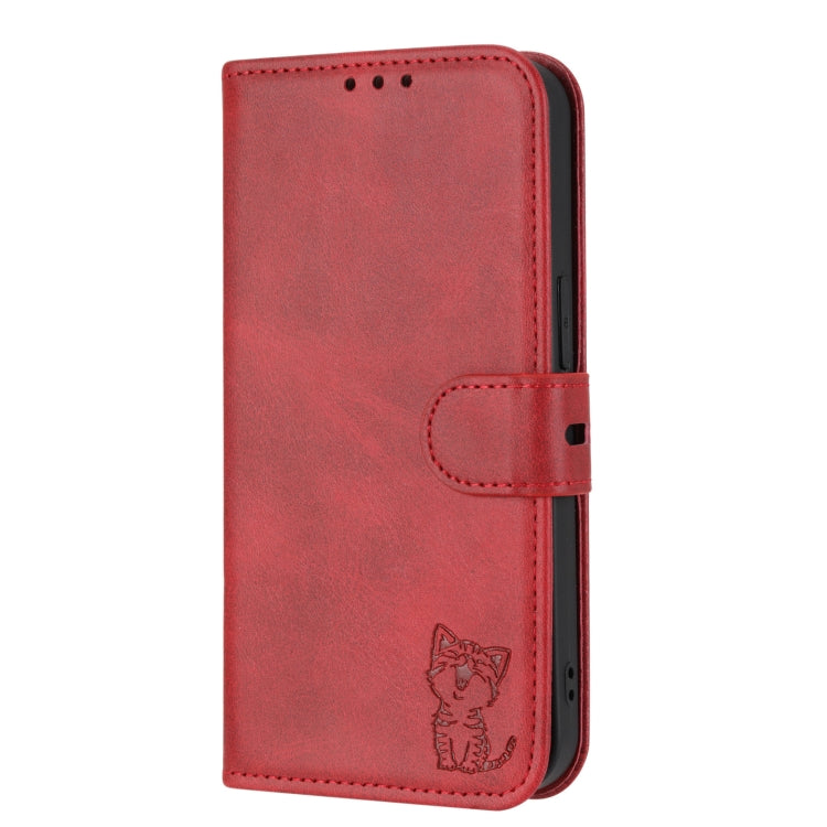 For Google Pixel 9 Embossed Happy Cat Pattern Flip Leather Phone Case(Red) - Google Cases by PMC TechLife | Online Shopping South Africa | PMC TechLife | Buy Now Pay Later Mobicred