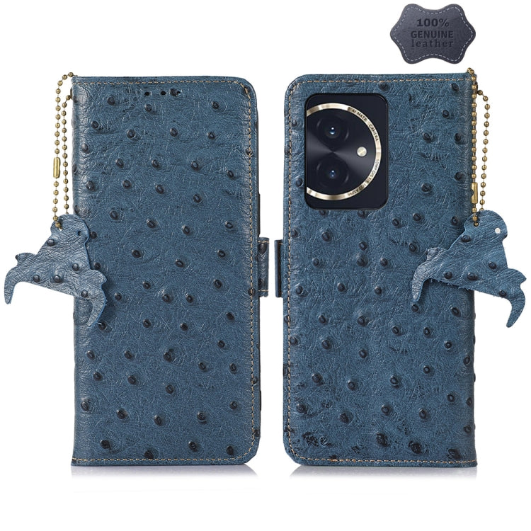 For Honor 100 5G Ostrich Pattern Genuine Leather RFID Phone Case(Blue) - Honor Cases by PMC TechLife | Online Shopping South Africa | PMC TechLife | Buy Now Pay Later Mobicred