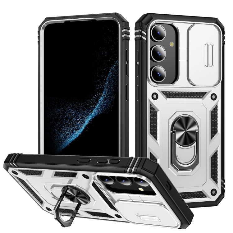 For Samsung Galaxy S24 5G Sliding Camshield TPU + PC Phone Case with Holder(White+Black) - Galaxy S24 5G Cases by PMC TechLife | Online Shopping South Africa | PMC TechLife