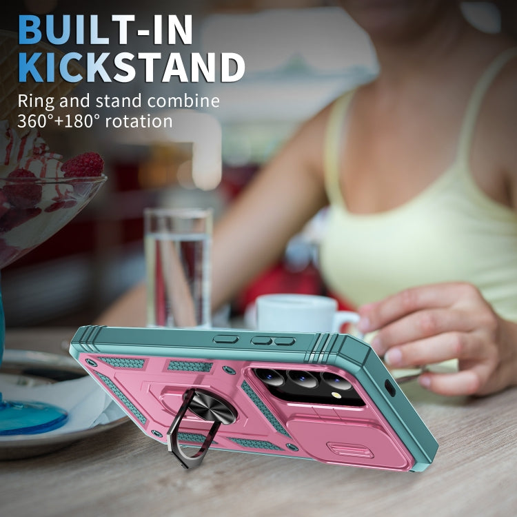 For Samsung Galaxy S24 5G Sliding Camshield TPU + PC Phone Case with Holder(Pink+Green) - Galaxy S24 5G Cases by PMC TechLife | Online Shopping South Africa | PMC TechLife