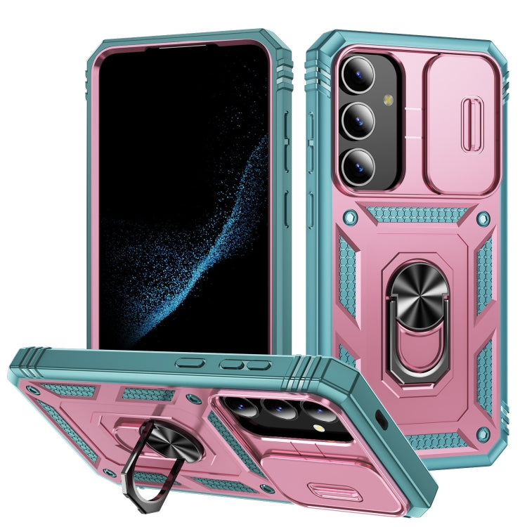For Samsung Galaxy S24+ 5G Sliding Camshield TPU + PC Phone Case with Holder(Pink+Green) - Galaxy S24+ 5G Cases by PMC TechLife | Online Shopping South Africa | PMC TechLife