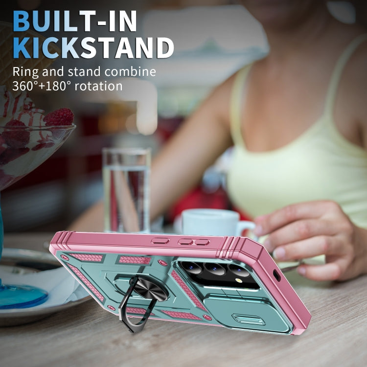 For Samsung Galaxy S24+ 5G Sliding Camshield TPU + PC Phone Case with Holder(Green+Pink) - Galaxy S24+ 5G Cases by PMC TechLife | Online Shopping South Africa | PMC TechLife