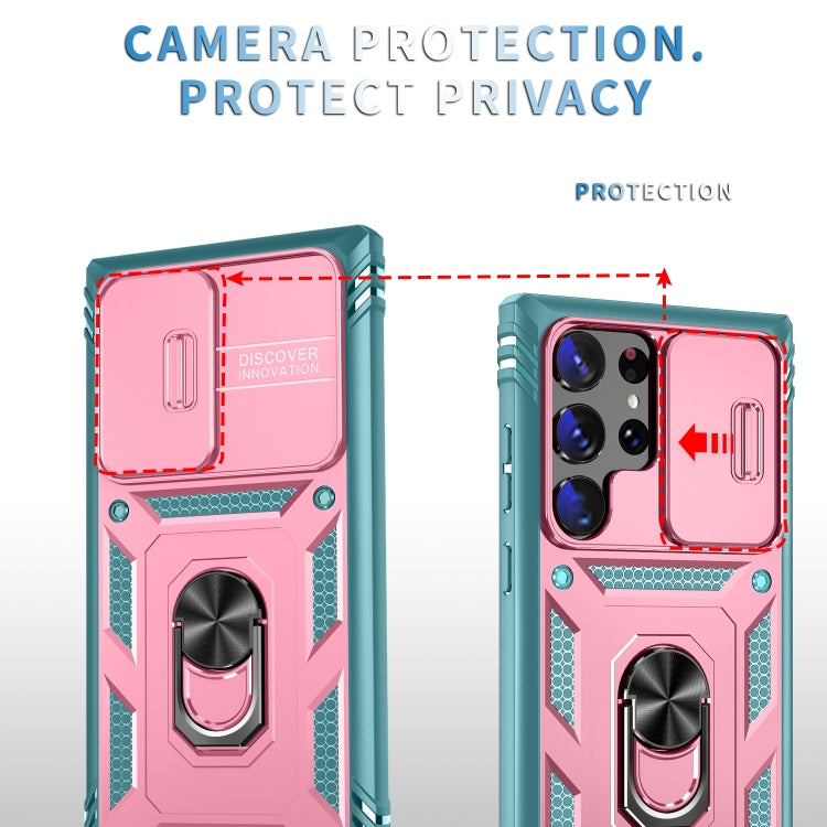 For Samsung Galaxy S24 Ultra 5G Sliding Camshield TPU + PC Phone Case with Holder(Pink+Green) - Galaxy S24 Ultra 5G Cases by PMC TechLife | Online Shopping South Africa | PMC TechLife