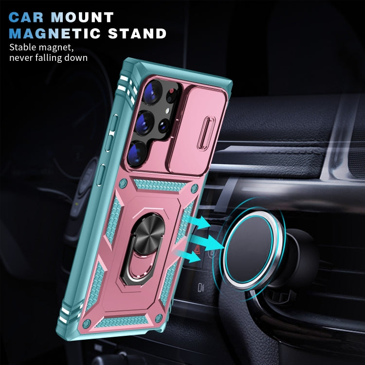 For Samsung Galaxy S24 Ultra 5G Sliding Camshield TPU + PC Phone Case with Holder(Pink+Green) - Galaxy S24 Ultra 5G Cases by PMC TechLife | Online Shopping South Africa | PMC TechLife