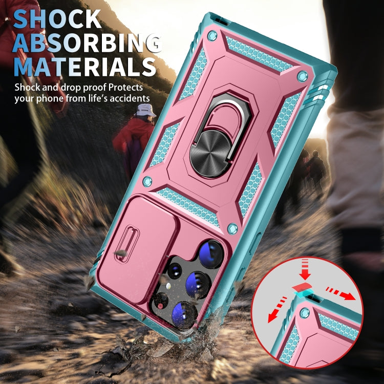 For Samsung Galaxy S24 Ultra 5G Sliding Camshield TPU + PC Phone Case with Holder(Pink+Green) - Galaxy S24 Ultra 5G Cases by PMC TechLife | Online Shopping South Africa | PMC TechLife