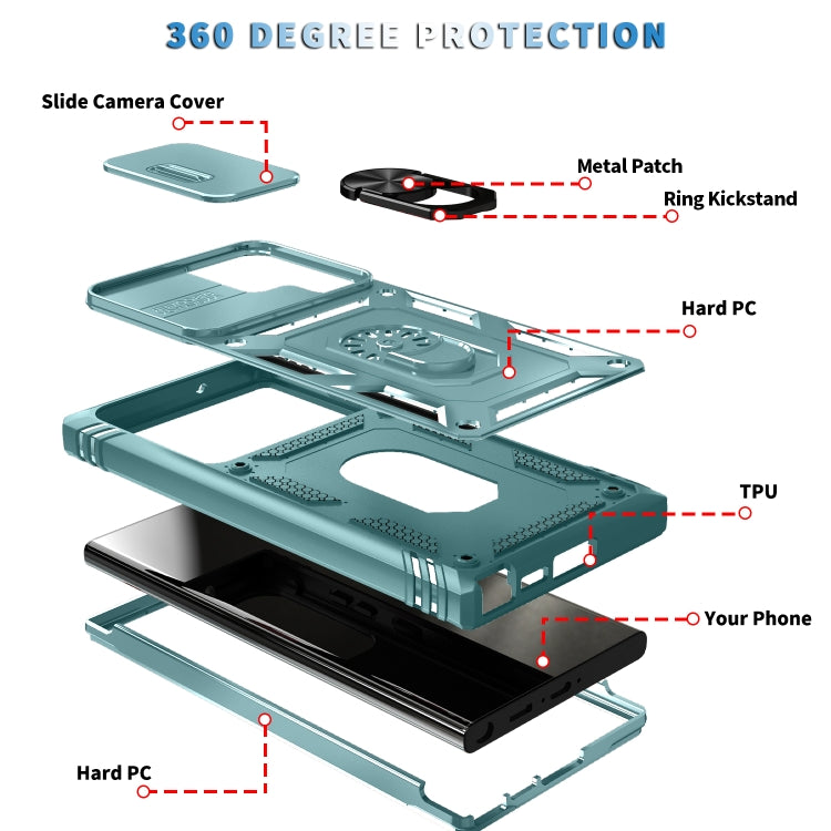 For Samsung Galaxy S24 Ultra 5G Sliding Camshield TPU + PC Phone Case with Holder(Green) - Galaxy S24 Ultra 5G Cases by PMC TechLife | Online Shopping South Africa | PMC TechLife