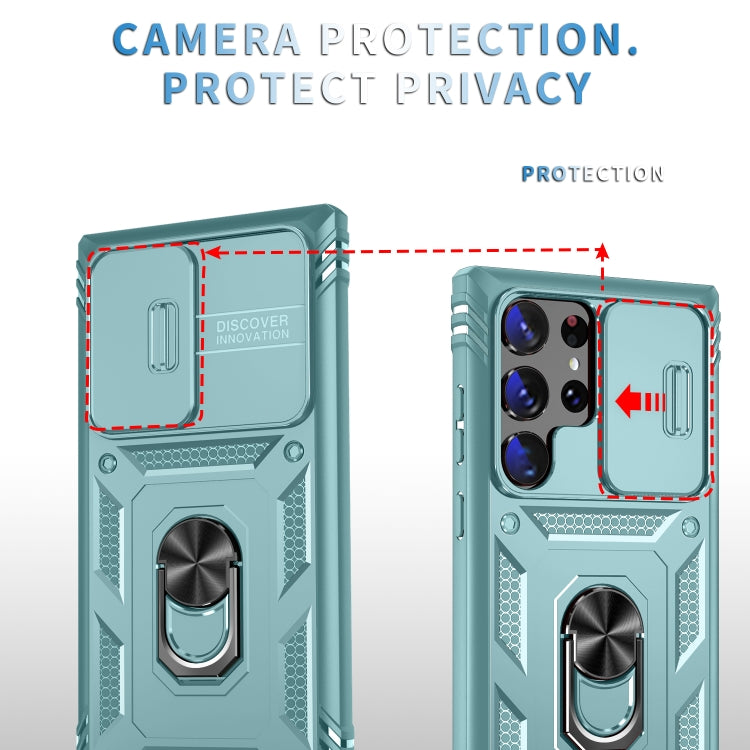 For Samsung Galaxy S24 Ultra 5G Sliding Camshield TPU + PC Phone Case with Holder(Green) - Galaxy S24 Ultra 5G Cases by PMC TechLife | Online Shopping South Africa | PMC TechLife