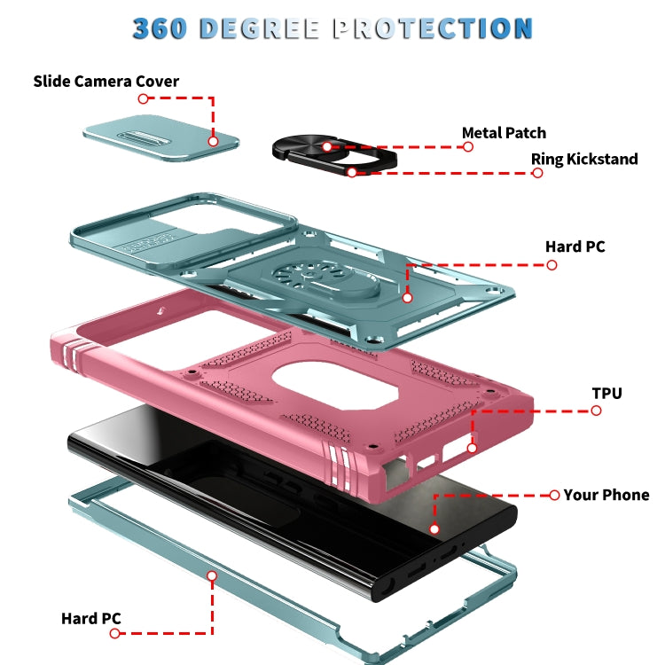 For Samsung Galaxy S24 Ultra 5G Sliding Camshield TPU + PC Phone Case with Holder(Green+Pink) - Galaxy S24 Ultra 5G Cases by PMC TechLife | Online Shopping South Africa | PMC TechLife