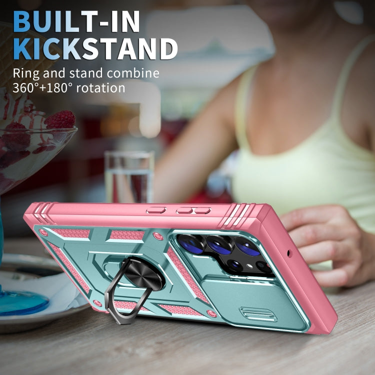 For Samsung Galaxy S24 Ultra 5G Sliding Camshield TPU + PC Phone Case with Holder(Green+Pink) - Galaxy S24 Ultra 5G Cases by PMC TechLife | Online Shopping South Africa | PMC TechLife
