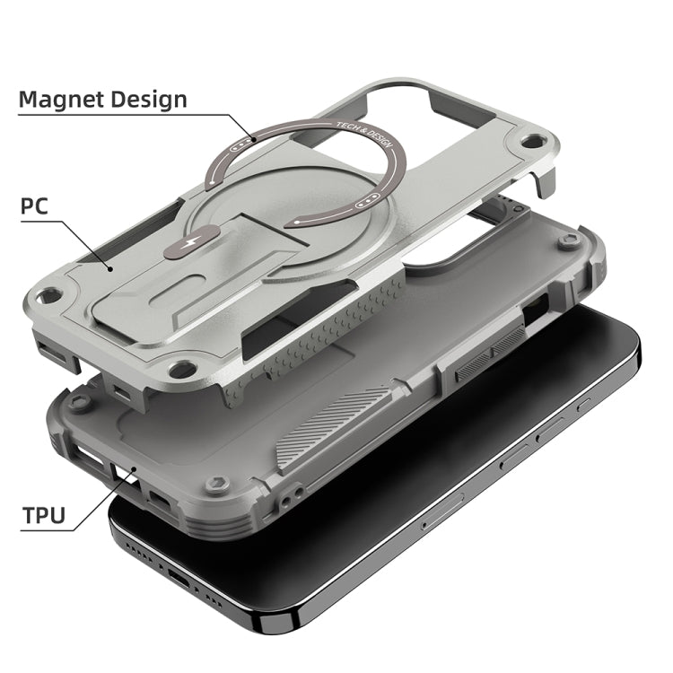 For iPhone 14 Pro Max Armor Magsafe Holder PC Hybrid TPU Phone Case(Grey) - iPhone 14 Pro Max Cases by PMC TechLife | Online Shopping South Africa | PMC TechLife | Buy Now Pay Later Mobicred