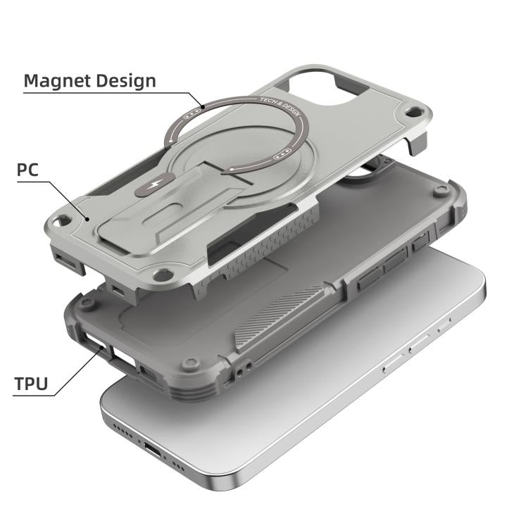 For iPhone 16e Armor Magsafe Holder PC Hybrid TPU Phone Case(Grey) - iPhone 16e Cases by PMC TechLife | Online Shopping South Africa | PMC TechLife | Buy Now Pay Later Mobicred