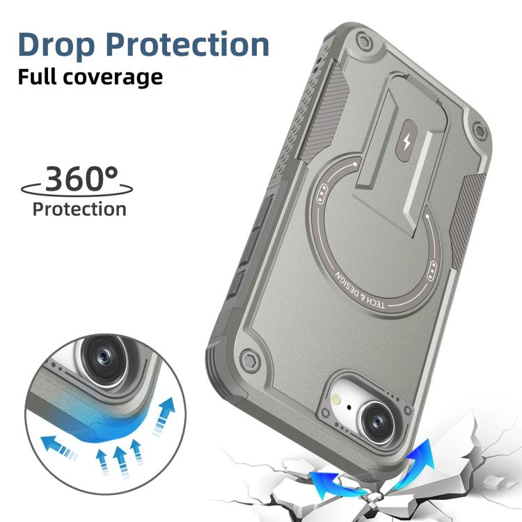 For iPhone 16e Armor Magsafe Holder PC Hybrid TPU Phone Case(Grey) - iPhone 16e Cases by PMC TechLife | Online Shopping South Africa | PMC TechLife | Buy Now Pay Later Mobicred