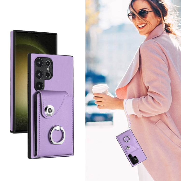 For Samsung Galaxy S24 Ultra 5G Organ Card Bag Ring Holder PU Phone Case with Lanyard(Purple) - Galaxy S24 Ultra 5G Cases by PMC TechLife | Online Shopping South Africa | PMC TechLife