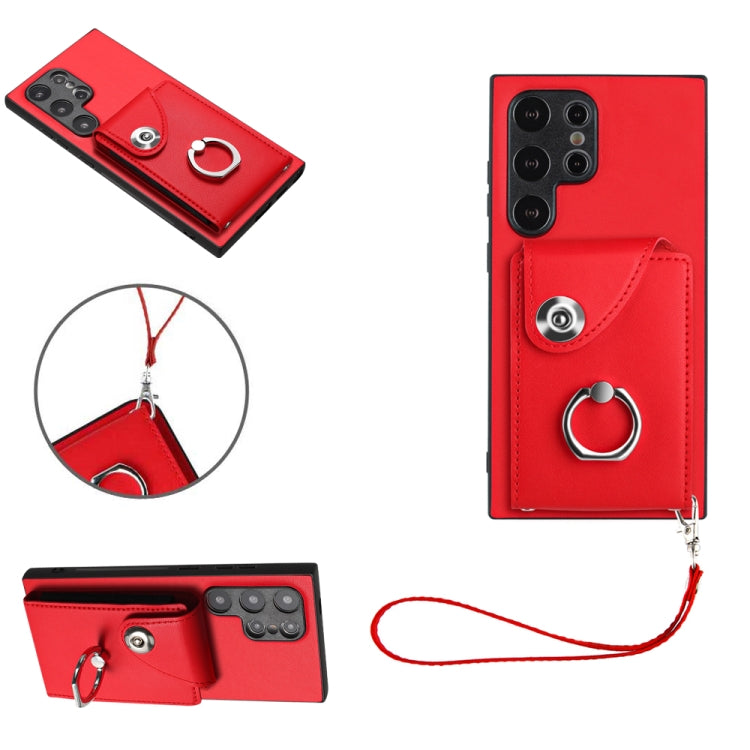 For Samsung Galaxy S24 Ultra 5G Organ Card Bag Ring Holder PU Phone Case with Lanyard(Red) - Galaxy S24 Ultra 5G Cases by PMC TechLife | Online Shopping South Africa | PMC TechLife